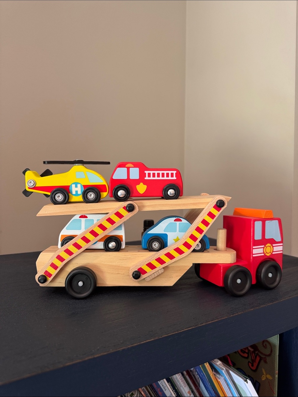 Melissa & Doug Red and Yellow Wooden Vehicle Carrier Playset